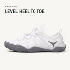 Barevon White cord-lace shoe — level heel-to-toe side profile. LEVEL. HEEL TO TOE.