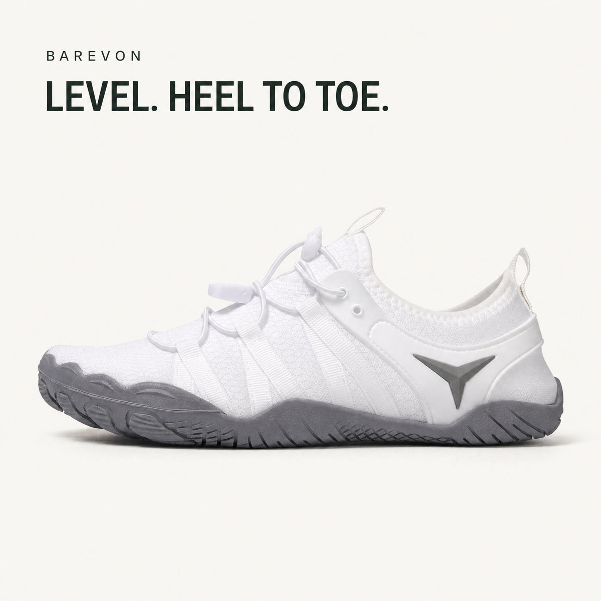 Barevon White cord-lace shoe — level heel-to-toe side profile. LEVEL. HEEL TO TOE.