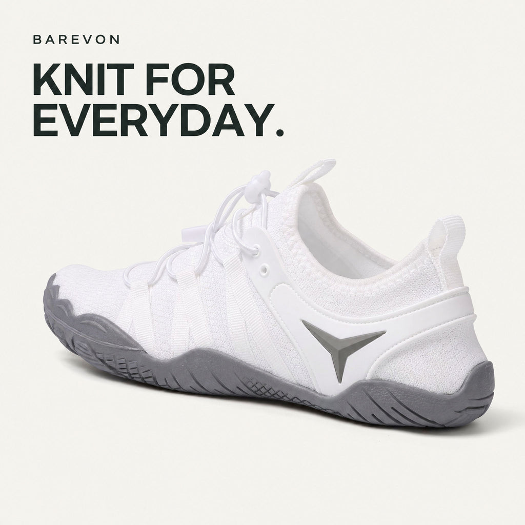 Barevon White cord-lace shoe — knit upper and rear three-quarter detail. KNIT FOR EVERYDAY.