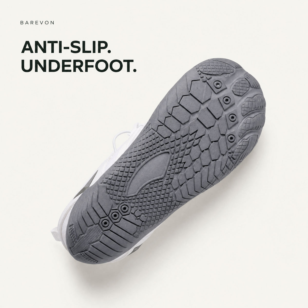 Barevon White cord-lace shoe — actual-reference rubber outsole tread. ANTI-SLIP. UNDERFOOT.