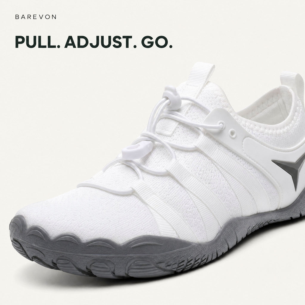 Barevon White cord-lace shoe — adjustable cord lacing close-up. PULL. ADJUST. GO.