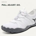 Barevon White cord-lace shoe — adjustable cord lacing close-up. PULL. ADJUST. GO.