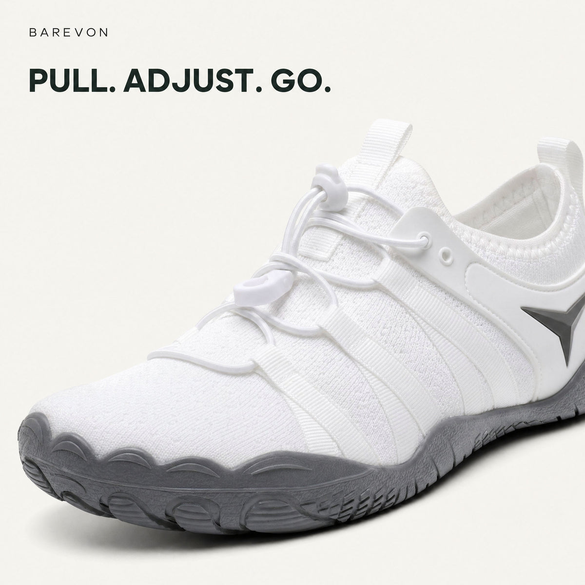 Barevon White cord-lace shoe — adjustable cord lacing close-up. PULL. ADJUST. GO.