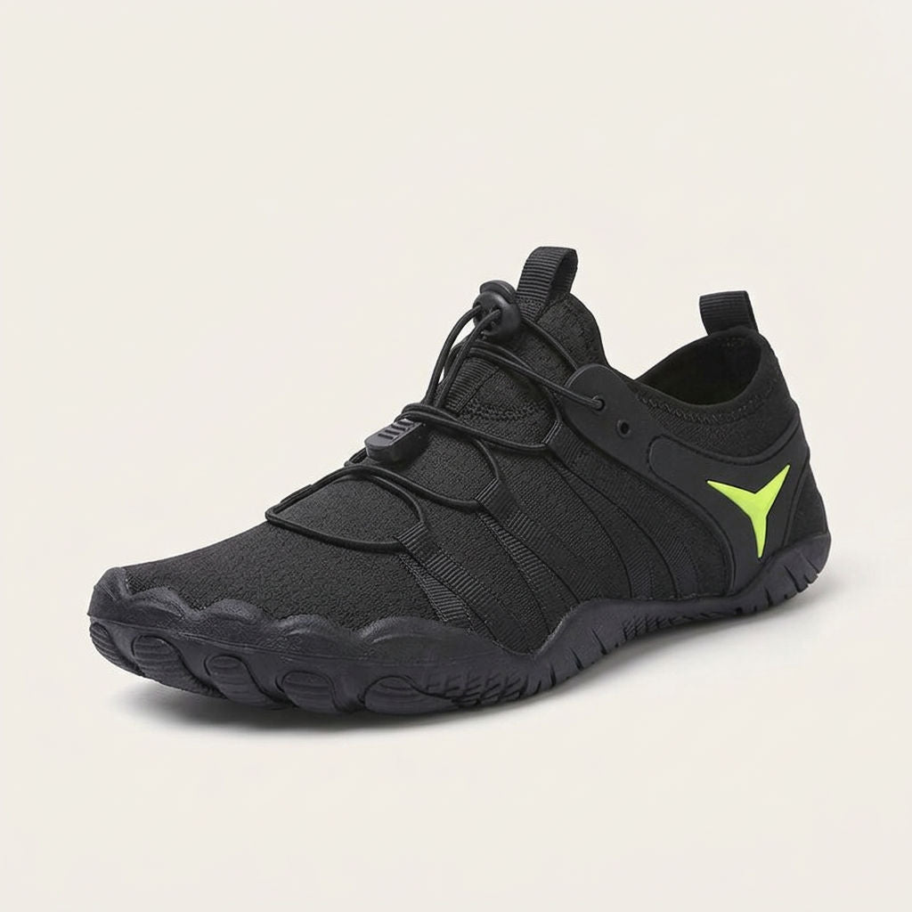 Black cord-lace shoe, front three-quarter view