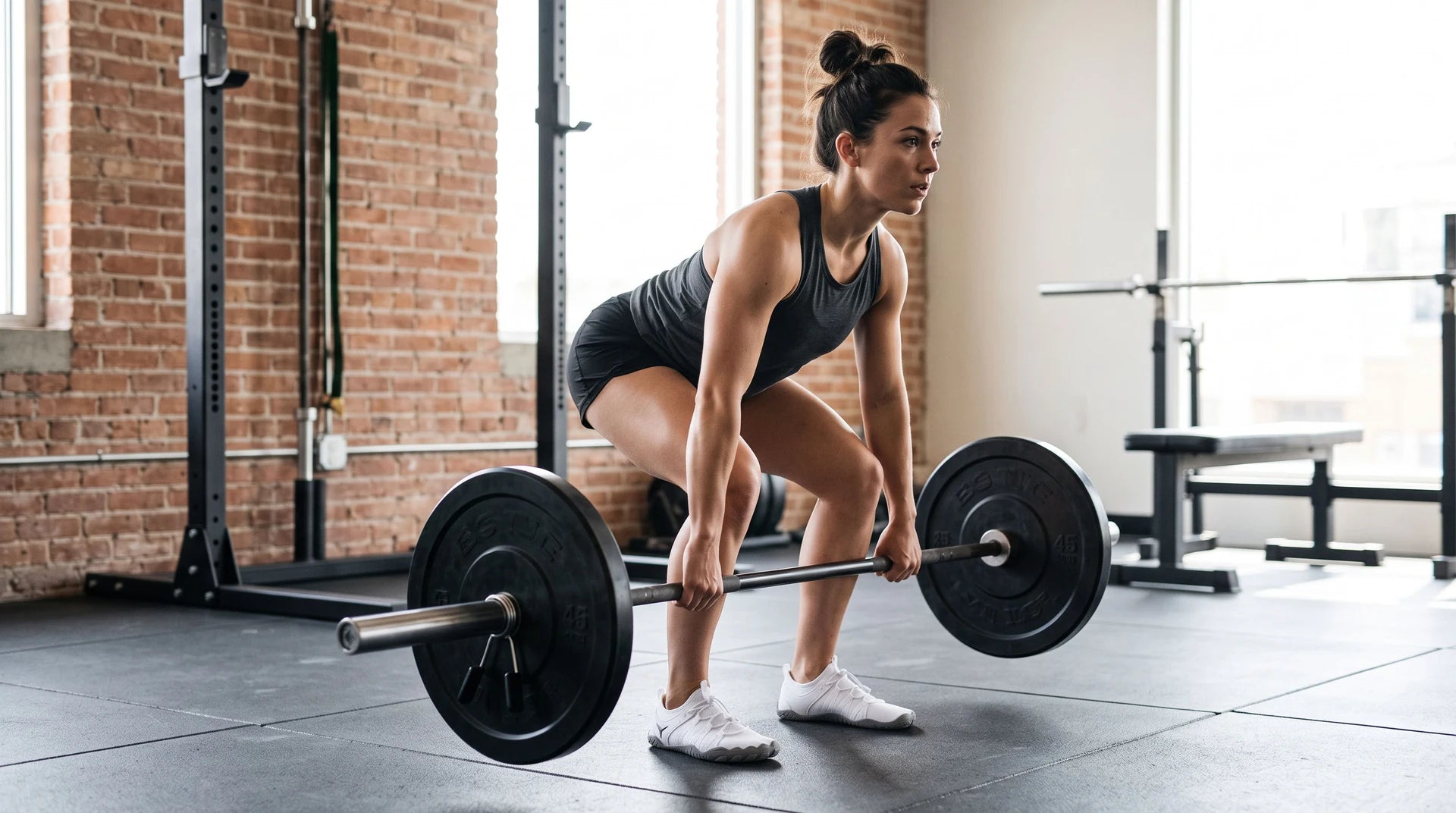 An adult athlete wearing white cord-lace shoes while lifting a barbell in a contemporary gym.