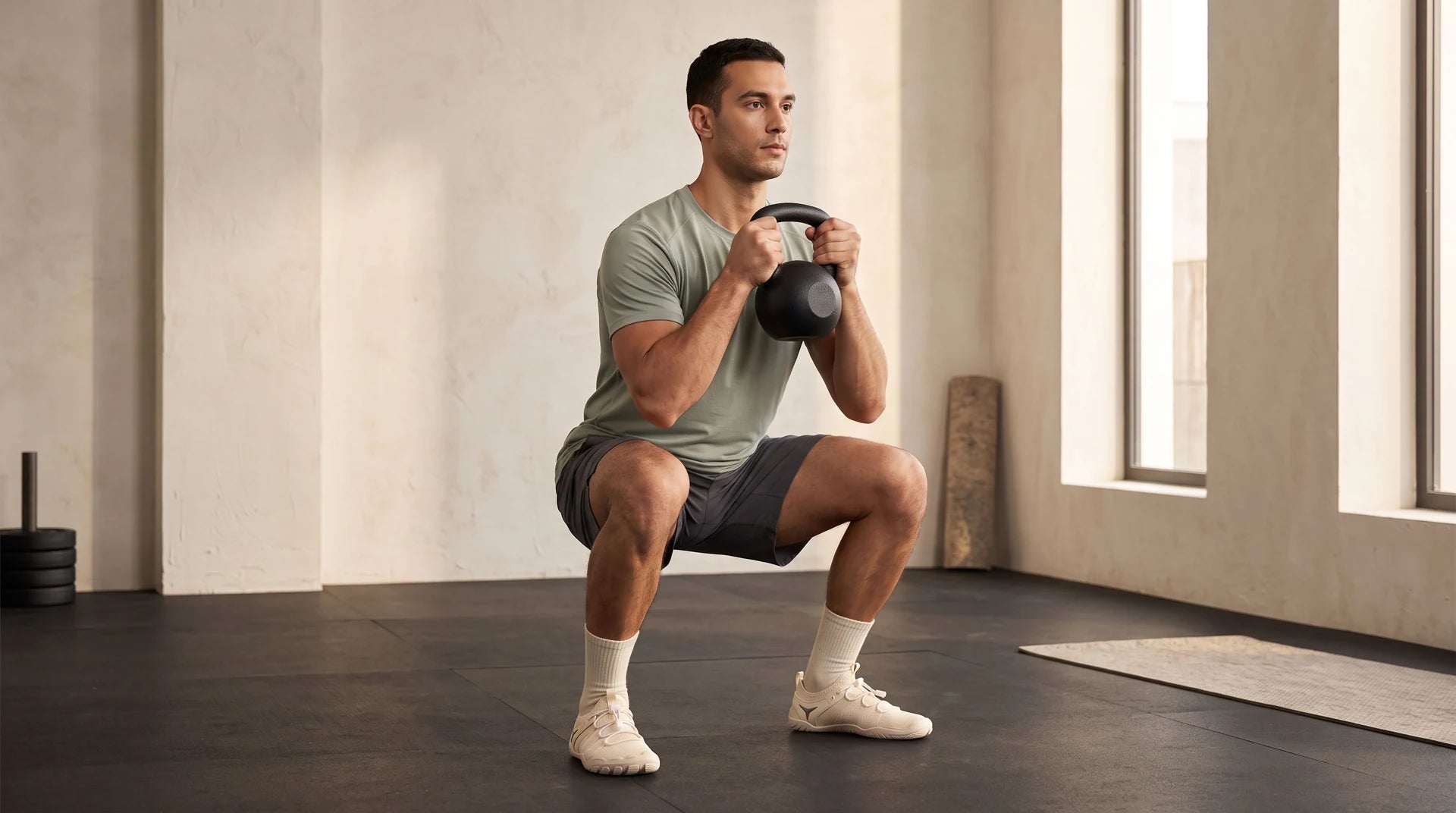 An adult athlete wearing beige cord-lace shoes while holding a kettlebell for a goblet squat in a contemporary gym.
