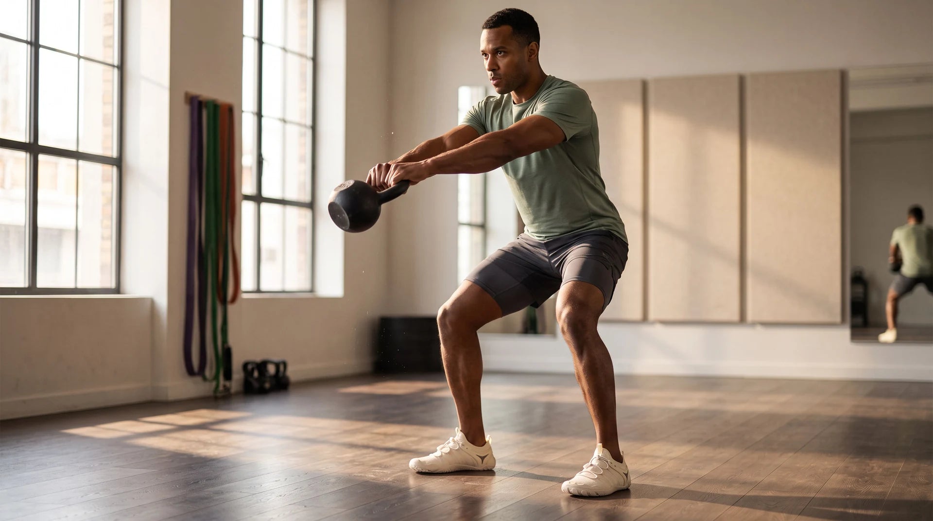 An adult athlete wearing beige cord-lace shoes while performing a kettlebell swing in a contemporary gym.