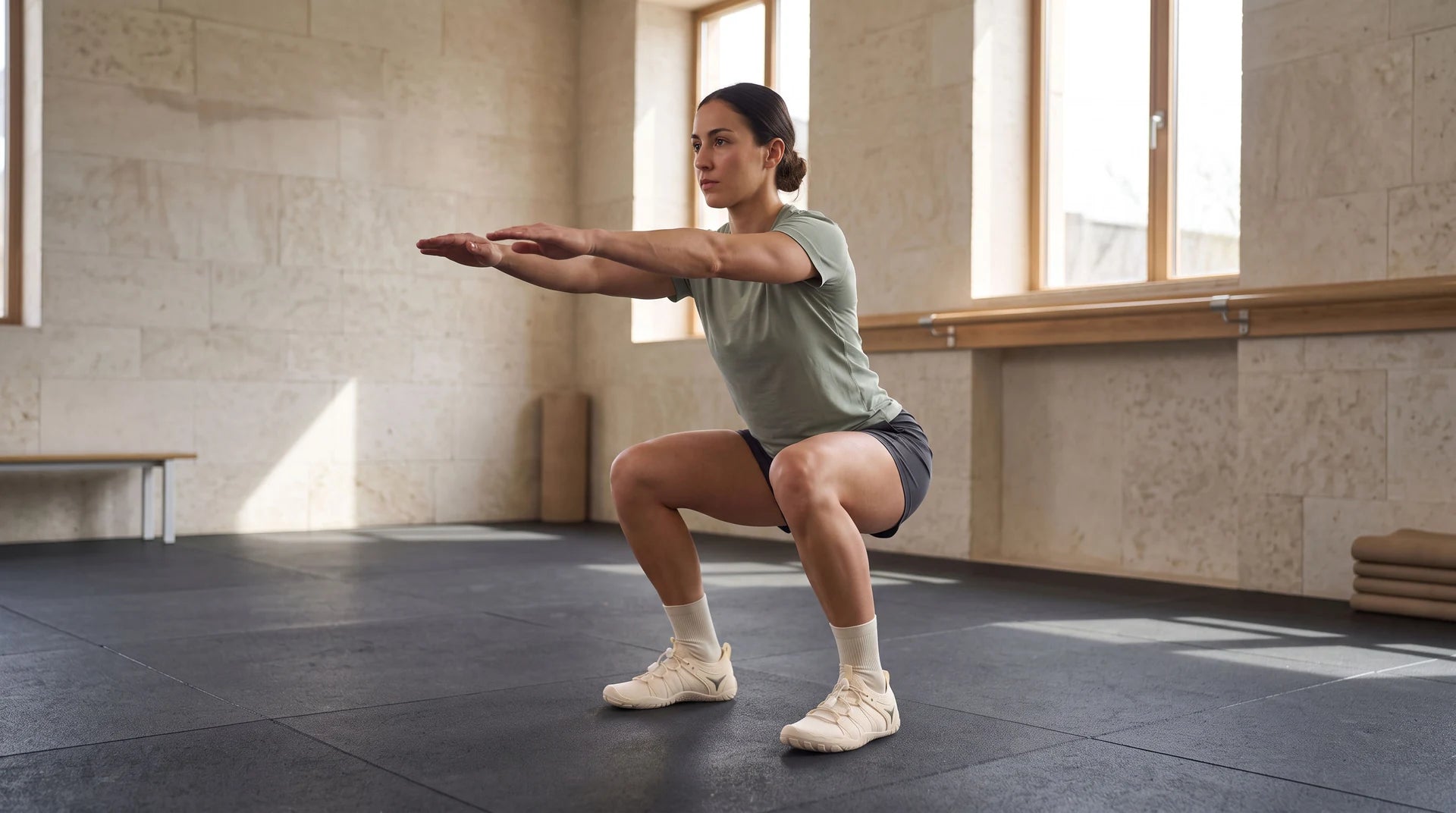 An adult athlete wearing beige cord-lace shoes while performing a squat in a contemporary gym.