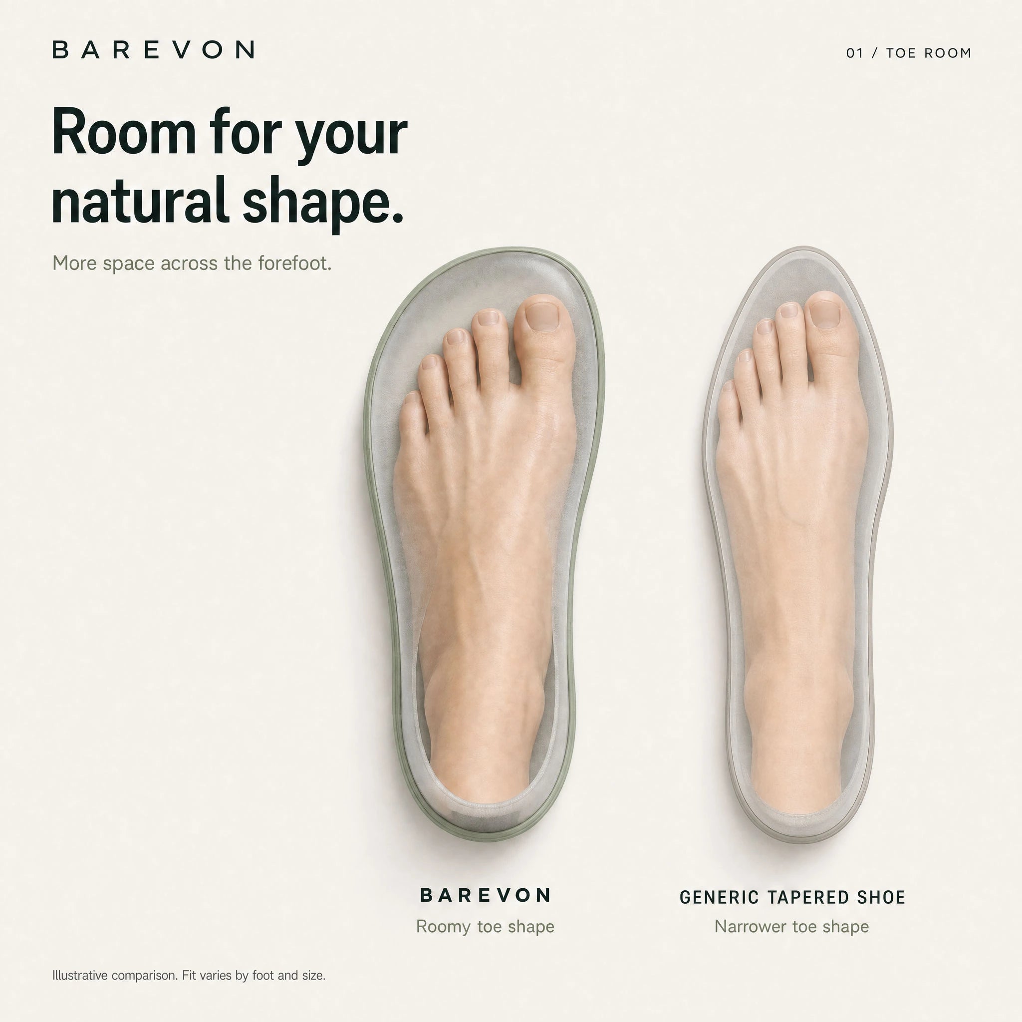 Concept illustration comparing forefoot room inside a broad shoe shape with a generic tapered shoe shape.