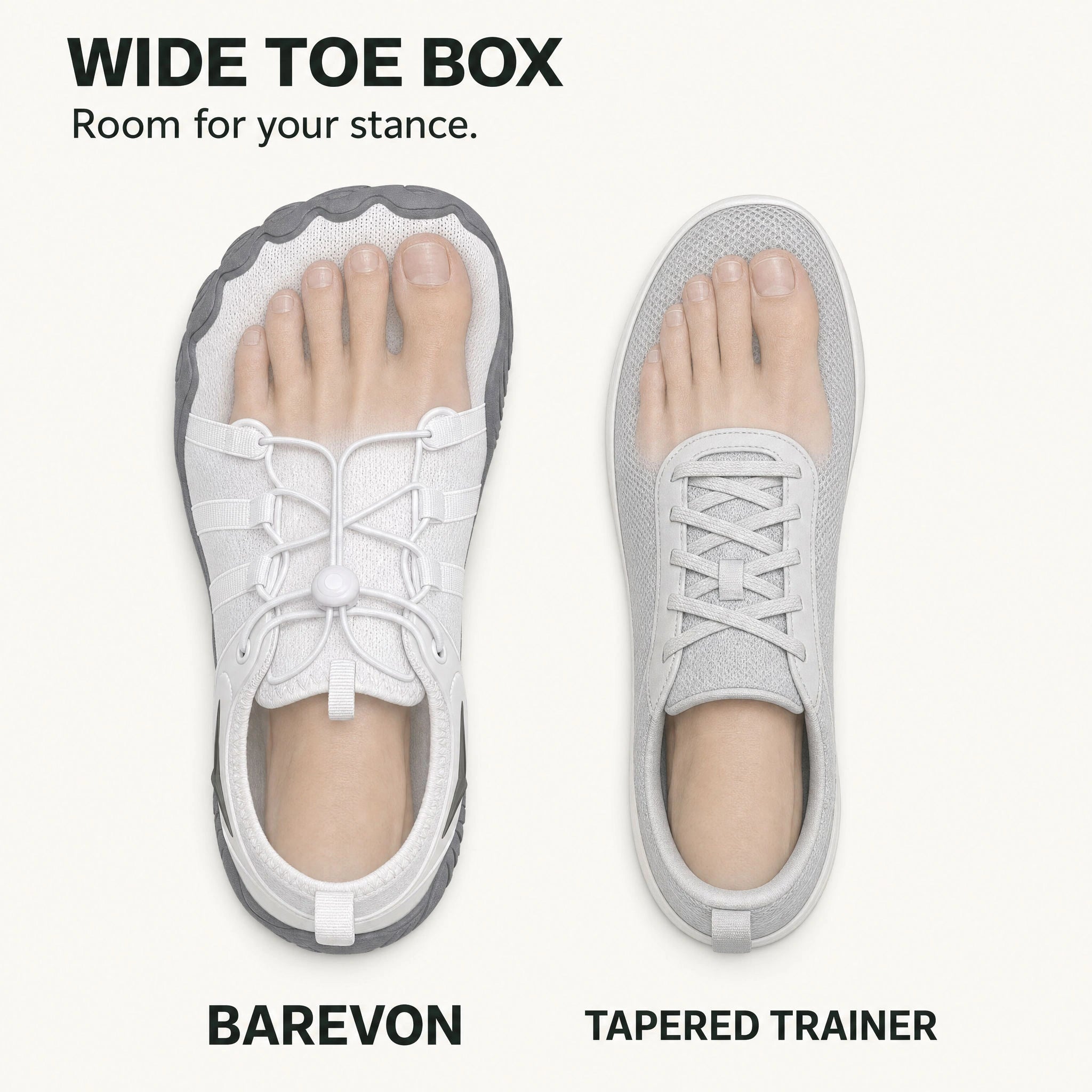 Wide toe box. Room for your stance. Concept illustration comparing the rounded Barevon toe shape with a tapered trainer.