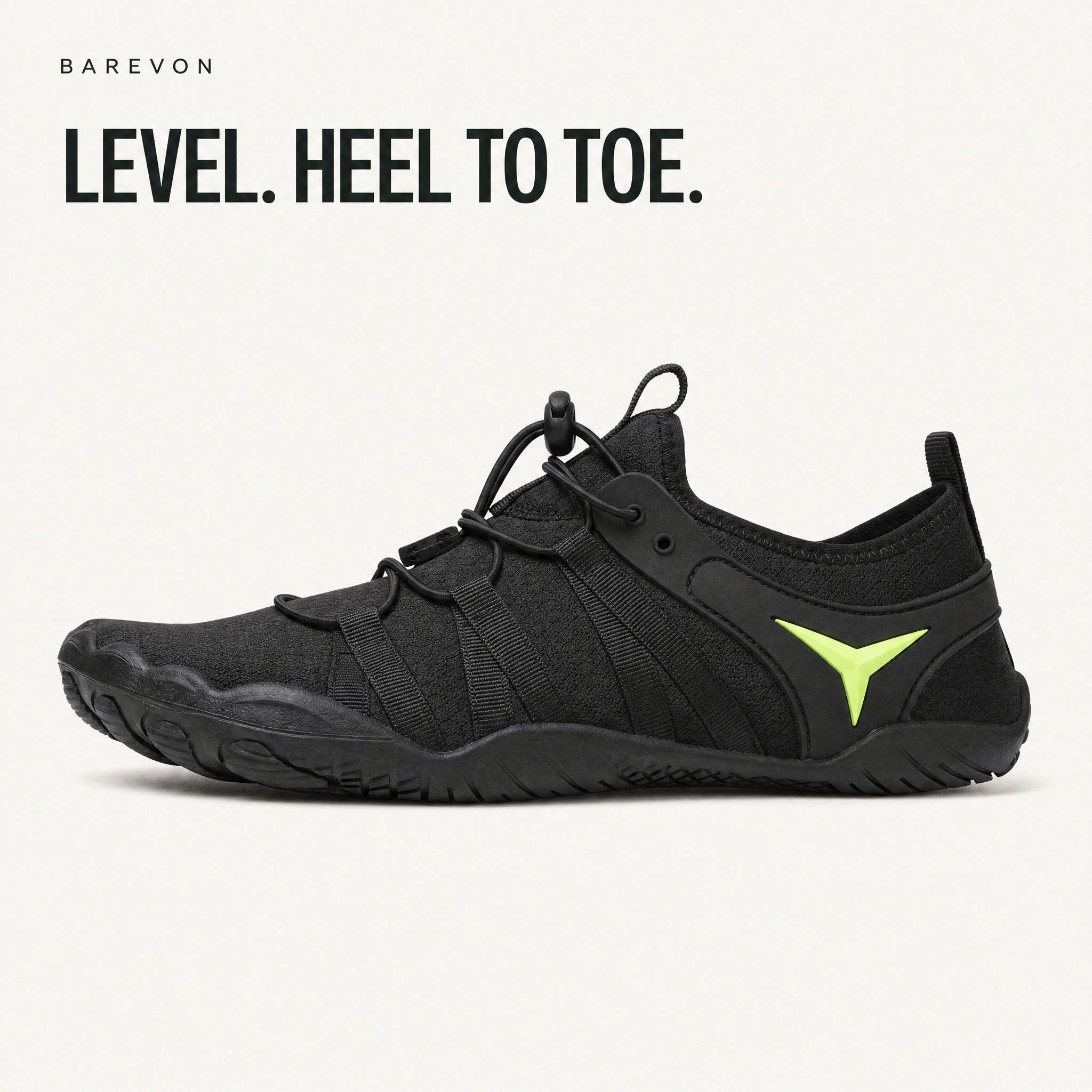 Black Barevon Original studio side view showing the level heel and forefoot.