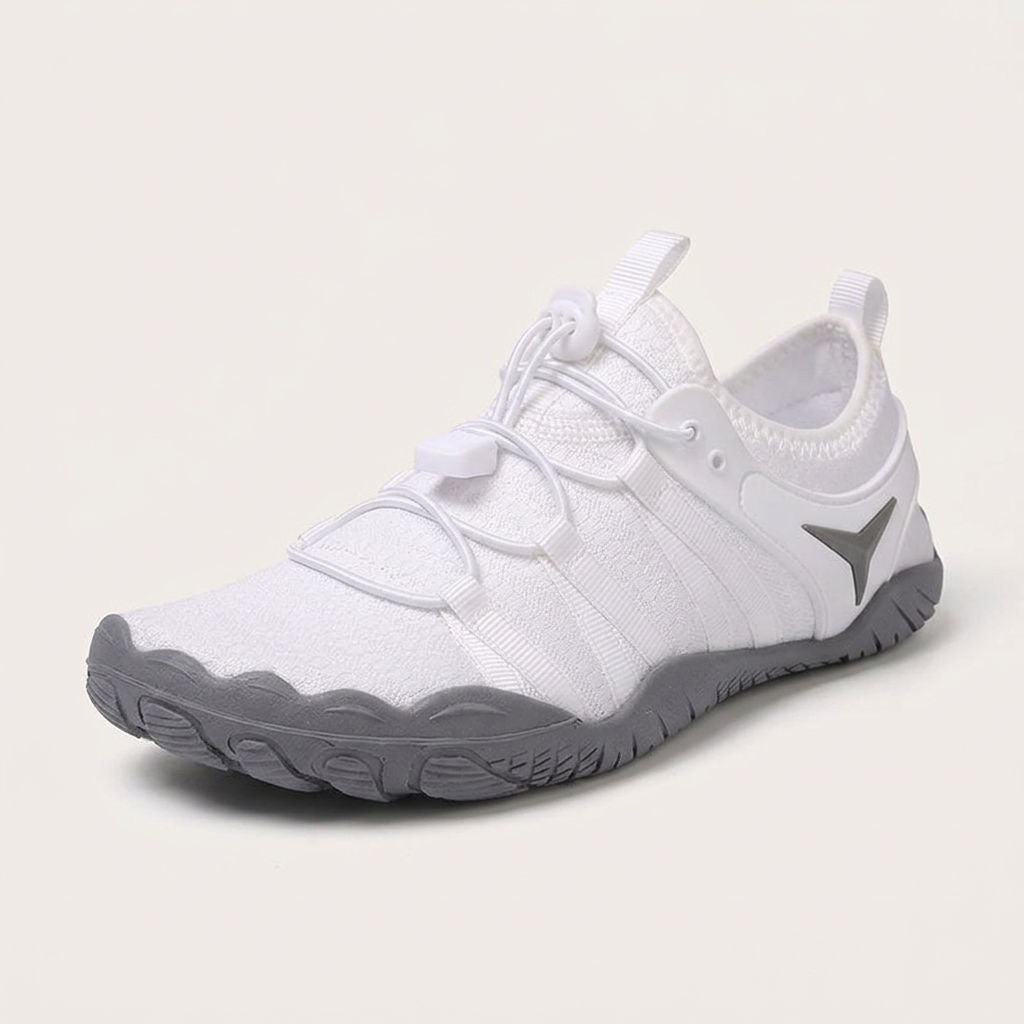 White cord-lace shoe, front three-quarter view